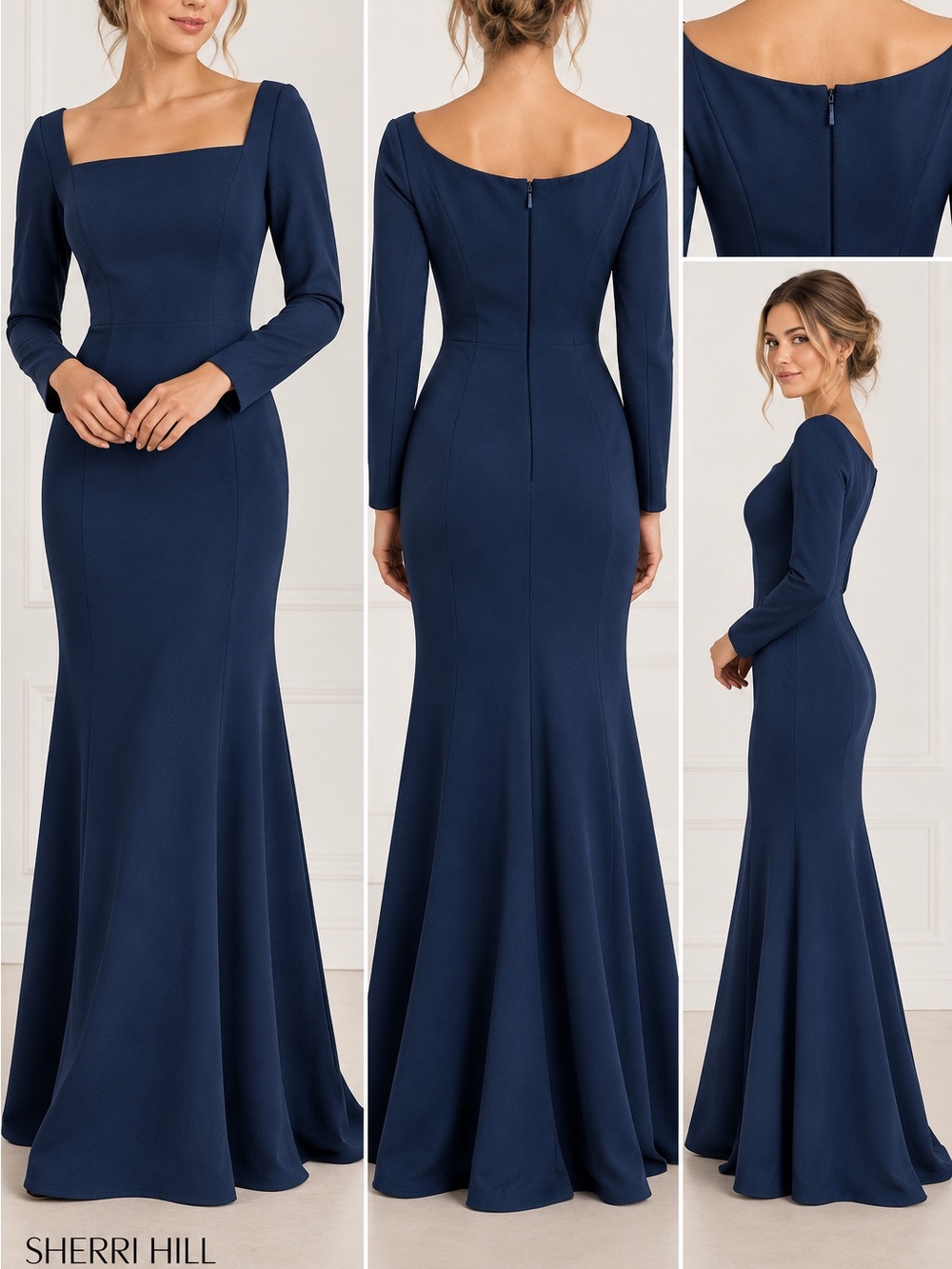 Sherri Hill Long Sleeve Navy Blue Long Maxi Evening Gown Sz 6 Formal Dress